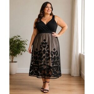 232.INC International Concepts Black Damask Mesh Applique Surplice Dress Plus 1X